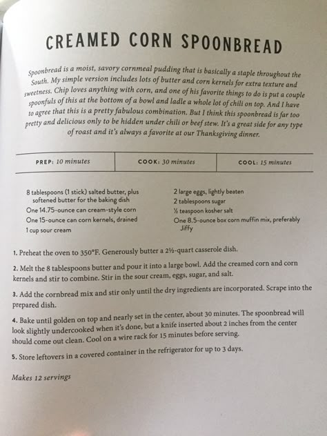 MAGNOLIA TABLE RECIPE - CREAMED CORN SPOONBREAD Joanna Gaines Corn Casserole, Magnolia Home Recipes, Magnolia Kitchen Recipes, Magnolia Cookbook Recipes, Texas Cornbread, Spoon Cornbread, Magnolia Cookbook, Corn Spoonbread, Magnolia Recipes