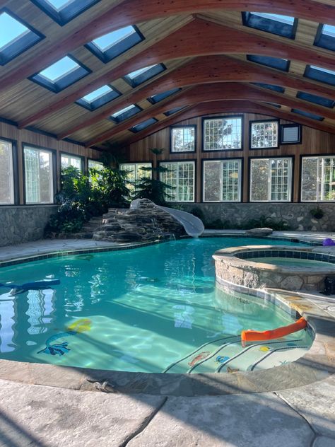 Large Indoor Swimming Pool, Indoor Pool Landscaping, Swimming Pool With Lap Lane, Indoor Pool Ideas Dream Homes Luxury, Pools Inside Houses, Pretty Pools Dream Homes, Indoor Pool And Hot Tub, Backyard Indoor Pool, Indoor Pool Room Ideas