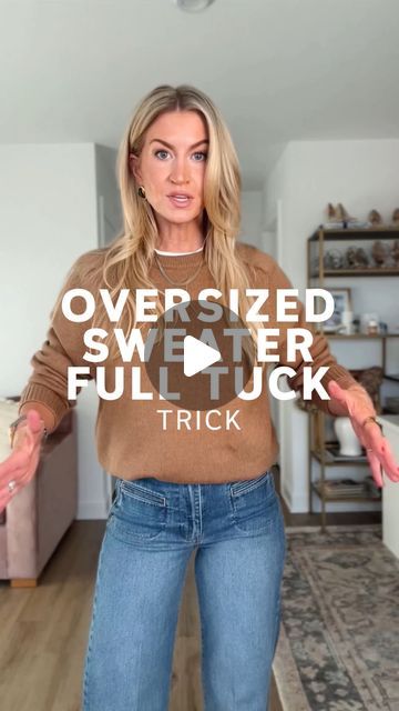 Leanne Barlow | Style Inspo on Instagram: "Comment LINK and I’ll DM you my outfit info! 

I love the look of a full tuck sweater in high rise jeans, but tucking it up into my bra isn’t always practical - here is a simple alternative to getting a full tuck without too much bulk in the front. 

MORE WAYS TO SHOP:

1️⃣ Leave a comment with the word LINK and I’ll send you an instagram direct message with the link
2️⃣ Find the links in my stories for 24 hours
3️⃣ Click the link in my bio
4️⃣ My DEC REELS highlight
5️⃣ Follow me in the @shop.LTK app - I’m @leannebarlow there

#outfitinspo #outfittip #fulltuck" Sweater Jean Outfit, How To Front Tuck A Sweater, Tuck A Sweater Into Jeans, Tucking Sweaters Into Jeans, How To Tuck A Sweater, How To Tuck In Oversized Sweater, Tucked In Sweater Outfit, Over Size Sweaters Outfit, How To Tuck In A Sweater