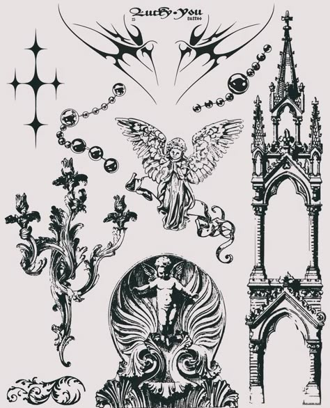 Gothic Art Tattoo Ideas, Goth Style Tattoo, Edward Gorey Tattoo, Gothic Chandelier Tattoo, Goth Ornamental Tattoo, Gothic Building Tattoo, Vampire Tattoo Ideas Gothic, Underground Tattoo Ideas, Gothic Patchwork Tattoo