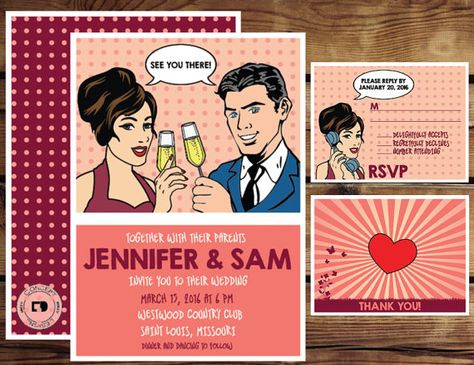 Comic strip pop art wedding invitation by conceptdesignz on Etsy Pop Art Invitation, Pop Art Wedding, Blank Wedding Invitation Templates, Comic Book Wedding, Blank Wedding Invitations, Bon Voyage Party, Retro Wedding Invitations, Andy Warhol Art, Warhol Art