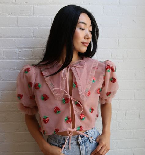 Lirika Matoshi, Strawberry Shirt, Strawberry Dress, Small Crop Tops, Environmental Protection, Fashion Sewing, Fashion Tops, Pink Red, Aesthetic Clothes