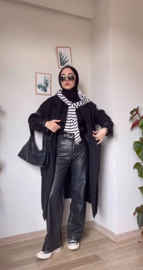 Leather Pants Outfit Hijab, Leather Pants Outfit, Hijabi Outfits Casual, Shein Outfits, Hijabi Outfits, Outfit Hijab, Outfits Casual, Leather Pants, Converse