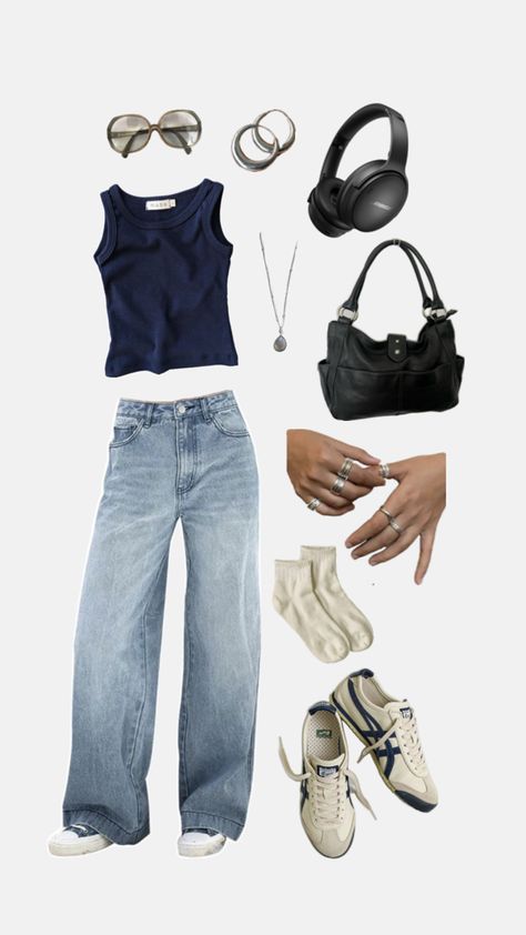 Jeans, navy tank top, black leather purse, navy onitsuka tiger mexico 66, summer outfit Ootd Onitsuka Tiger Women, Onitsuka Tiger Women Outfit, Onitsuka Tiger Outfit, Tiger Outfit, Onitsuka Tiger Women, Overalls Outfit, Quick Outfits, Big Clothes, Onitsuka Tiger