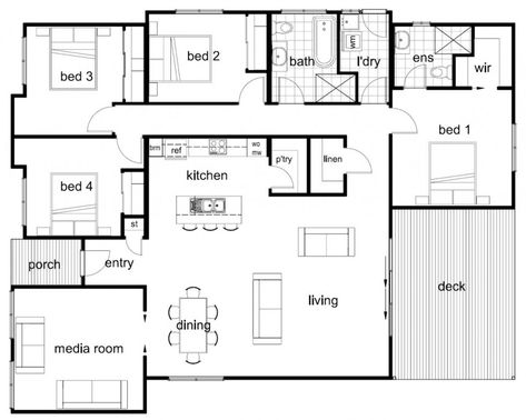 Entertaining Deck, 4 Bedroom House Plans, Modular Home, Theatre Room, 4 Bedroom House, Bedroom House Plans, Prefab Homes, Modular Homes, Home Trends