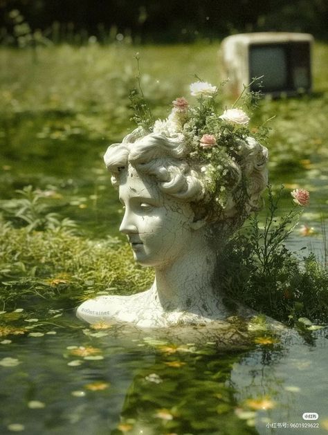 Angel Garden Aesthetic, Classical Statues Aesthetic, Greek Sculptures Aesthetic, Overgrown Statue Aesthetic, Green Statue Aesthetic, Statues In Nature, Statue Garden Aesthetic, Statue In Nature, Statue In Water