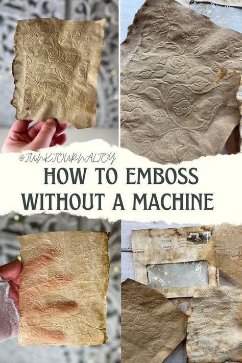 How To Emboss Paper By Hand, Diy Aged Paper, How To Emboss Paper Without A Machine, Embossing Paper Bags, Aging Paper Diy, Junk Mail Crafts, How To Emboss Paper, How To Make Paper Look Vintage, How To Emboss With Dies