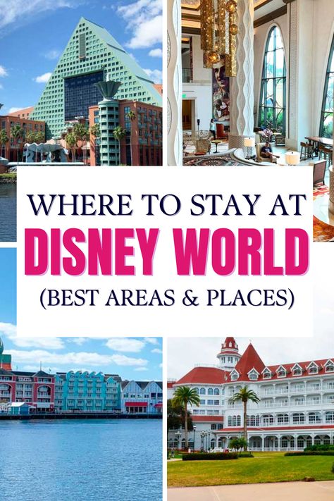 A grid of four different hotels near Disney World Florida Where To Stay In Disney World, Disney World Budget, Disney World On A Budget, Disney World With Kids, Disneyland Florida, Disney World With Toddlers, Disney Transportation, Coronado Springs Resort, Art Of Animation Resort