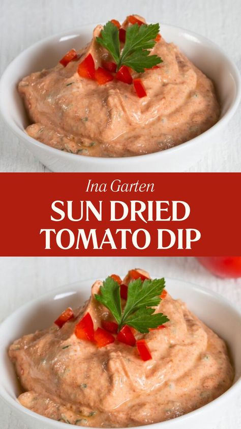 Ina Garten Sun Dried Tomato Dip Sun Dried Tomato Cheese Ball, Whipped Feta Dip With Sundried Tomatoes, Tomato Soup Dip, Sun Dried Tomato Appetizer, Sun Dried Tomato Dip, Sundried Tomato Dip, Tomato Appetizers, Sour Cream Dip, Yummy Bites