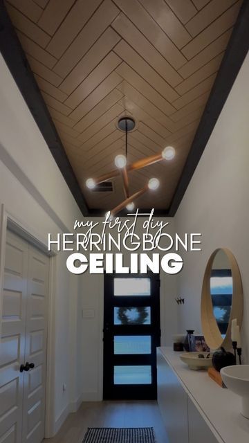 Herringbone Basement Ceiling, Herringbone Wood Ceiling Ideas, Herringbone Ceiling Ideas, Chevron Ceiling Wood, Black Entryway Ceiling, Chevron Ceiling, Herringbone Ceiling Wood, Herringbone Wood Ceiling, Entry Ceiling Ideas