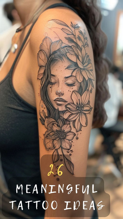 Dreaming of a tattoo that truly means something? Click to explore 26 meaningful tattoo ideas perfect for women. Find the design that speaks to your soul and tells your unique story! 🌺✨🎨 #TattooIdeas #MeaningfulTattoos #FemaleTattoos #InkInspiration #BodyArt Meaningful Tattoos Ideas For Women, Black And Grey Lady Face Tattoo, Tattoos About Growth And Strength Women, Meaningful Life Tattoos, Womans Face Tattoo Design, Upper Arm Tattoos For Women Meaningful, Unique Half Sleeve Tattoos For Women Meaningful, Graduation Tattoo Ideas, Overcoming Tattoo Ideas