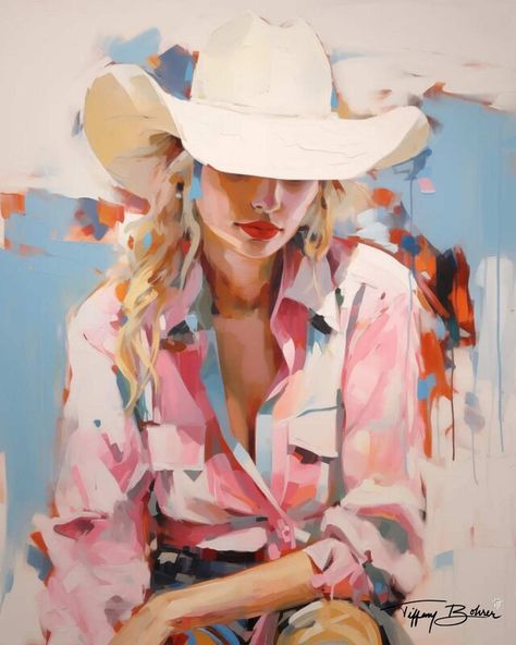 Blonde on Blue Cowgirl - Giclee Fine Art Print on Heavy Fine Art Paper - Original Art by Tiffany Bohrer, Tipsy | MakerPlace by Michaels Cowgirl Art Print, Blonde Woman Painting, Cowgirl Painting, Urban Cowgirl, Cowgirl Art, Cowgirl And Horse, Pink Cowgirl, Painting Art Projects, Western Art