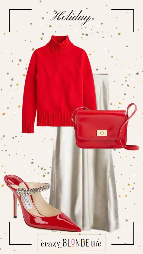 White Christmas Outfit, Red Shoes Outfit, Red Sweater Outfit, White Pants Winter, Silver Trousers, Over 50 Fashion, Silver Sequin Skirt, White Cashmere Sweater, White Pants Outfit