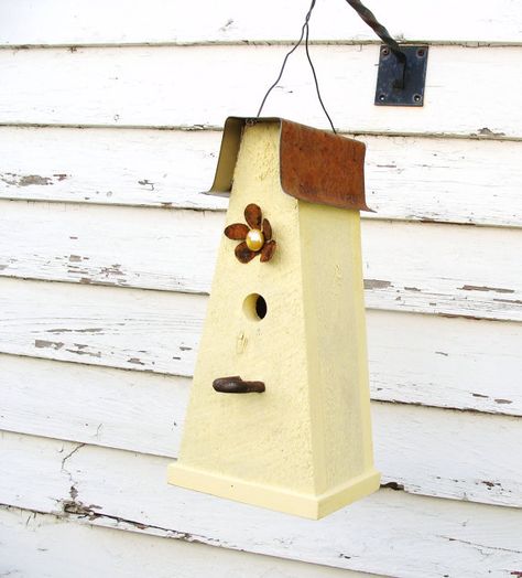 Birdhouse, Bird House, Birdhouses, Bird Houses, Rustic Yellow Birdhouse, Rusty Metal Flower, Handmade Birdhouse Cottage, Gardening Products, Wooden Birdhouse, Handmade Birdhouses, Rustic Birdhouse, Decorative Bird Houses, Bird Houses Diy, Flower Handmade, Beach Cottage Decor