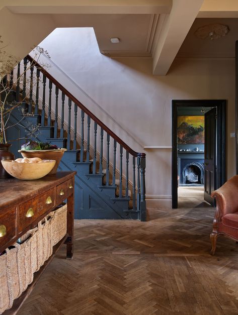 Dining Area Under Staircase, English Cottage Staircase, Dark Blue Staircase, Country House Staircase, Navy Stairs, Upstate Farmhouse, Rectory House, Cottage Staircase, Antique Kitchen Island