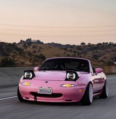 Hello Kitty Miata, Purple Miata, Cute Miata, Pink Miata, Miata Car, Best Jdm Cars, Mazda Mx5 Miata, Miata Mx5, Yellow Car