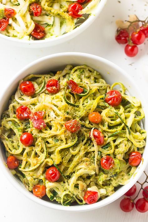 Pesto Zucchini Noodles with Burst Cherry Tomatoes have ALL the crave-worthy flavour of pasta with NONE of the guilt or carbs! Burst Cherry Tomatoes, Zucchini Noodles With Pesto, Pesto Zucchini, Pesto Zucchini Noodles, Stuffed Vegetables, Cherry Tomato Recipes, Pea Pesto, Avocado Chocolate Pudding, Pasta Alternative