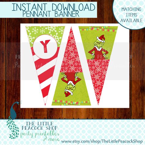 Grinch Happy Birthday printable Pennant Banner | Who Christmas Grinchmas Party | INSTANT DOWNLOAD by TheLittlePeacockShop on Etsy https://www.etsy.com/listing/255155226/grinch-happy-birthday-printable-pennant Grinch Cubicle, Grinchmas Party, Bunting Printable, Cubicle Ideas, Countdown Activities, Grinch Christmas Party, Grinch Party, Happy Birthday Printable, Pennant Banner