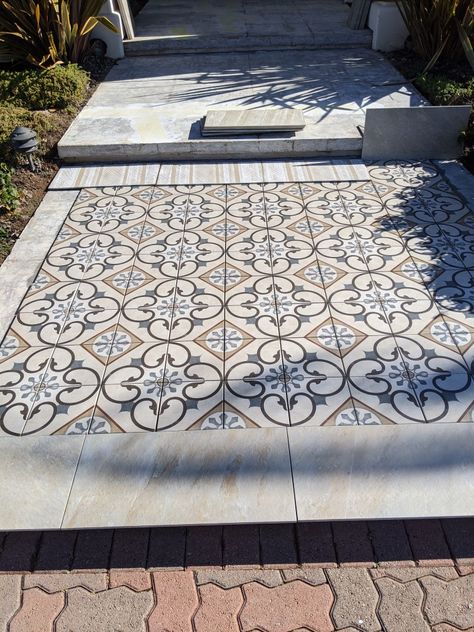 Tile Pathway, Patterned Tile Patio, Patterned Patio Tiles, Tiles Backyard, Back Garden Tiles, Mosaic Tiles Garden, Outdoor Wall Tiles Design, Garden Floor Tiles, Patterned Outdoor Tiles Patio