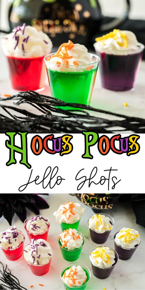 Witchy Jello Shots, Hocus Pocus Jello Shots, Easy Halloween Jello Shots, Jello Halloween Ideas For Kids, Halloween Inspired Food For Party, Easy Halloween Shots Alcohol, Halloween Hello Shots, Hocus Pocus Dessert Ideas, Halloween Jello Shots Alcohol