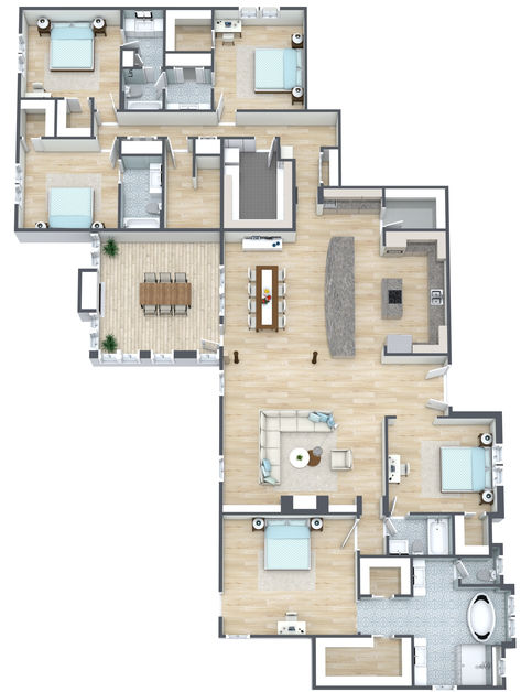 A beige and grey floor plan with five bedrooms, a balcony, and an open concept layout. 3d Floor Plan, Apartment Layout 5 Bedroom, 4 Bedroom Apartment Floor Plan Luxury, Five Bedroom House Plans, Apartment 3 Bedroom Plan, 5 Bedroom Blueprint, Apartment Floor Plans Luxury, 3 Bhk Luxury Apartment Plan, Flat Plan