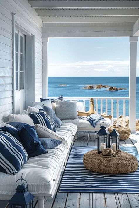 Cozy Patios, Bedroom Decor Design Ideas, Vintage Apartment Decor, Coastal Bedroom Decor, Blue Beach House, Coastal Patio, Summer Beach House, Vintage Apartment, Beach House Living Room