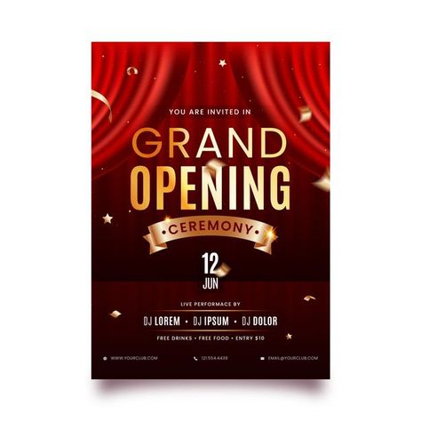 Grand opening ceremony invitation effect... | Premium Vector #Freepik #vector #flyer #poster #party #confetti Grand Opening Banner, Grand Opening Ceremony, Grand Opening Invitations, Standee Design, Ceremony Invitation, Adobe Photoshop Design, Inauguration Ceremony, Party Confetti, Graphic Design Flyer