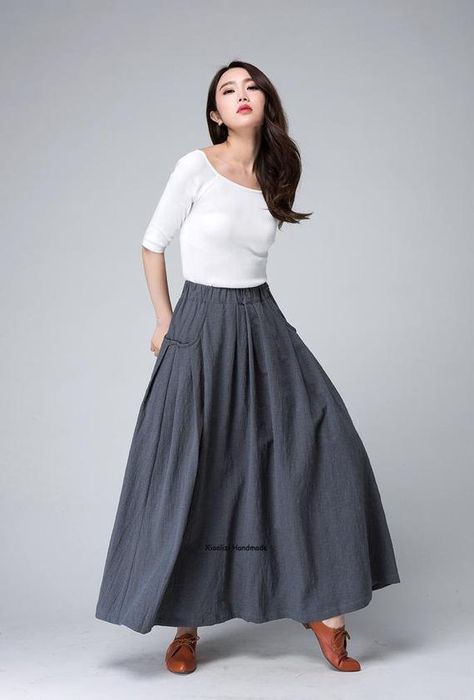 Long linen skirt maxi skirt grey skirt ladies skirts | Etsy Gray Skirt Outfit, Long Grey Skirt, Custom Skirt, Autumn Skirt, Pola Rok, Maxi Skirt Winter, Maxi Skirt With Pockets, Long Linen Skirt, Spring Skirt Outfits