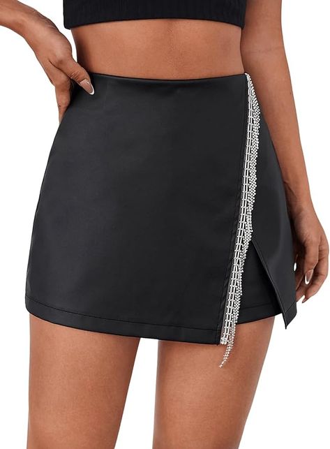 SweatyRocks Women's Rhinestones Fringe High Waist Faux PU Leather Skort Asymmetrical Hem Shorts Black M at Amazon Women’s Clothing store Leather Skort, Faux Skirt, Red Plaid Skirt, Printed Yoga Pants, Houndstooth Skirt, High Waist Skirt, Black Leather Skirts, Plaid Mini Skirt, Long Sleeve Knit Tops