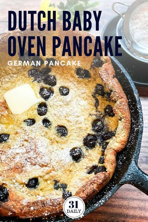 Lemon Blueberry Dutch Baby Pancake, Lemon Dutch Baby, Pancake Blueberry, Blueberry Dutch Baby, German Oven Pancake, Dutch Baby Pancake Recipe, Dutch Baby Pancakes, Dutch Baby Recipe, Oven Pancakes