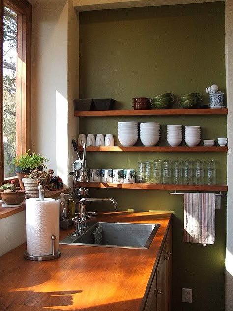 love these open shelves w/the olive wall, check out the whole kitchen and house on flickr, absolutely beautiful Shelves Mugs, American Kitchen, House Apartment, Ideas Casa, River House, Diy Farmhouse, Kitchen Remodeling, Kitchen Shelves, Modern Industrial