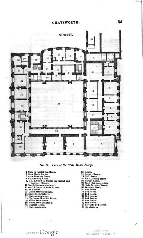 Chatsworth House, Floor plan, stateroom story (2F?) House Plans Uk, 18th Century House, State Room, Mansion Floor Plan, Chatsworth House, Architectural Floor Plans, Historic Houses, Country Houses, Georgian Homes