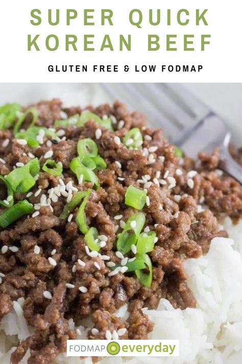 With this Super Quick Korean Beef dish in your repertoire, dinner will be on the table in no time. #glutenfree #dairyfree #easyrecipe #dinnerrecipes #lowfodmapdiet#fodmap #lowfodmap #fodmapeveryday #ibs #ibsdiet #cleaneating #fodmapsafe Low Fodmap Elimination Phase, Fodmap Elimination Phase, Gluten Free Low Fodmap, Fodmap Recipes Dinner, Low Fodmap Recipes Dinner, Fodmap Friendly Recipes, Low Fodmap Diet Recipes, Fodmap Diet Recipes, Ibs Recipes