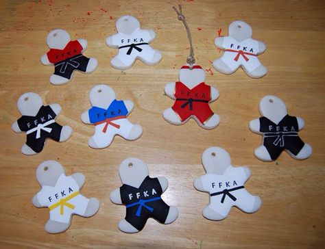 16. CJ2016- Karate gingerbread man ornaments Taekwondo Ornaments Diy, Karate Christmas, Gingerbread Man Ornaments, Karate Party, Diy Christmas Decorations For Home, Handprint Ornaments, Gingerbread Diy, Gingerbread Man Christmas, Yellow Belt