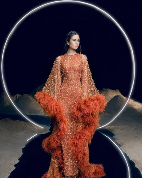 Orange Dress Couture, Feather Sleeves Gown, Orange Runway Dress, Feather Dress Couture, Feather Sleeve Dress, Elaborate Dresses, Night Luxe, Rami Kadi, Feather Gown