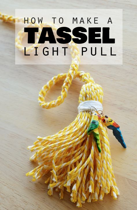 DIY Tassel Light Pull - Crafting Fingers Ceiling Fan Chain Pulls Diy, Light Pulls Ideas, Light Pull Cord Ideas, Ceiling Fan Pulls Diy, Fan Pulls Diy, Tassels Diy Tutorials, Diy Embroidery Thread, Bathroom Light Pulls, Twine Diy