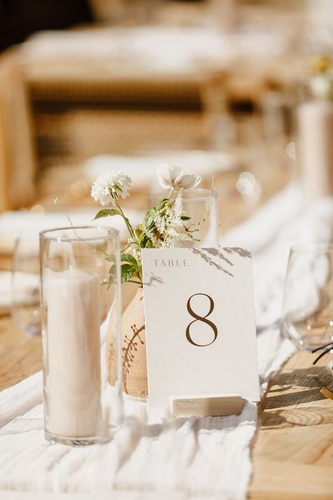 Modern, minimalist table numbers with birch holders were the perfect juxataposition with these soft neutral table tops. Minimalist Table Numbers, Cielo Farms, Rustic Minimalism, Rustic Minimalist, Minimalist Table, Table Number Holders, Creative Tables, Minimalist Tables, Malibu California