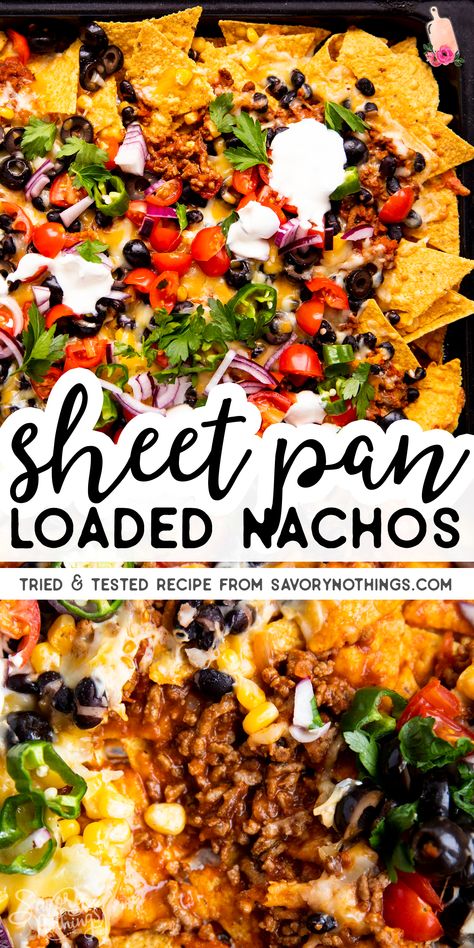 Are you ready for the big game? These Sheet Pan Nachos are positively loaded with beef, cheese, salsa, olives and more! They are so easy to pull together in just 15 minutes and make for a total crowd pleaser. | #sheetpan #nachos #biggame #gameday #gamedayfood #gamedaysnacks #fingerfood #footballfood #footballsnacks #footballparty Nacho Pan Recipe, Beef Loaded Nachos, Bar Nachos Recipe, Sheet Pan Nachos Ground Turkey, Nachos Recipe With Queso, Nacho Platter Recipes, Healthy Snacks For Crowd, Ultimate Nachos Recipe Beef, Nachos With Velveeta Cheese