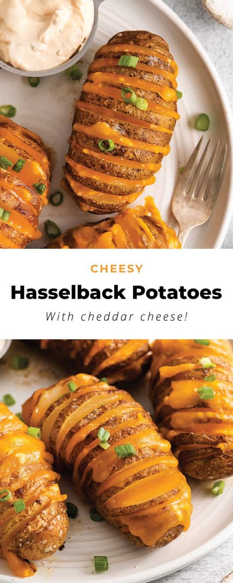 These delicious hasselback potatoes are ultra creamy, filled with oozy cheddar cheese, and have the BEST crispy exterior. Hassle Back Potatoes, Cheesy Hasselback Potatoes, Football Season Food, Seasoned Sour Cream, Cheddar Recipes, Cheddar Potatoes, Hasselback Potatoes, Custard Cake, Baked Vegetables