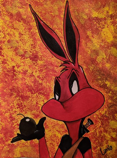 CLICK ON "VISIT" TO SEE HOW I DID IT Acrylic painting of Deadpool bugs bunny Bugs Bunny, I Did It, Pluto The Dog, Deadpool, Bugs, To Draw, Acrylic Painting, Disney Characters, Drawings