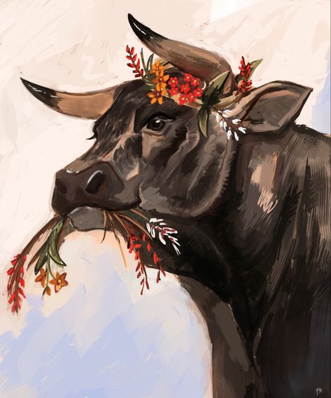 Bull Fursona, Cows Drawing, Bull Aesthetic, Bull Illustration, Bull Artwork, Cow Paintings, Grazing Cow, Cow Illustration, Cow Drawing