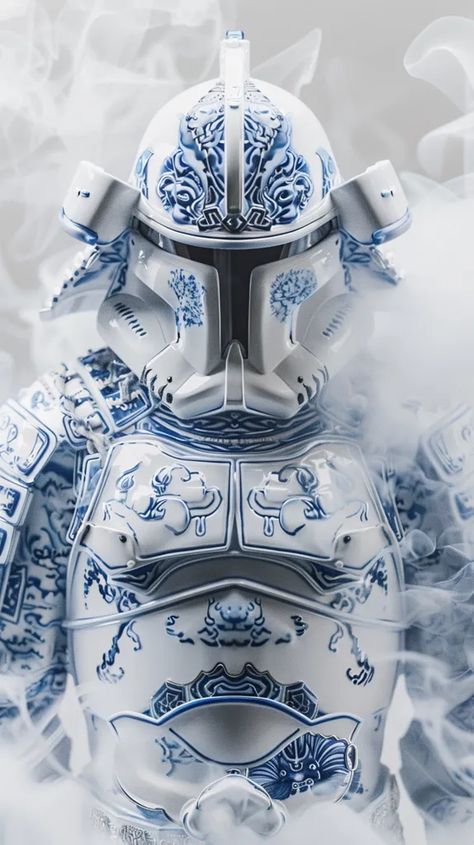 The image is a photograph of a samurai helmet and armor with a stormtrooper helmet. The helmet and armor are made of white ceramic with blue and gray floral designs ->> more details in ai-img-gen.com Japanese Helmet, White Samurai, Foggy Background, Airbrushed Helmets, Bike Suit, Stormtrooper Helmet, Mandalorian Helmet, Warrior Concept Art, Samurai Helmet