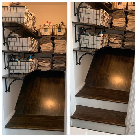 Closet Over Stairs Ideas, Over The Stairs Pantry, Over The Stairs Closet Ideas, Over Stairs Closet, Storage Over Stairs Bulkhead, Pantry Above Basement Stairs, Closet Over Stairs, Closet Above Stairs, Slanted Floor Closet Ideas