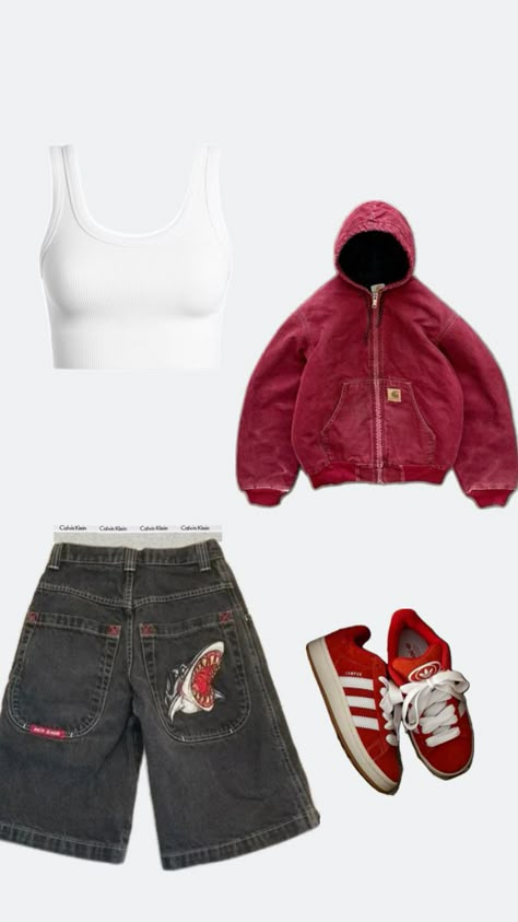 Red campus 00s white tank top red carhartt jacket black jorts ck under Red Streetwear Outfit, Red Carhartt Jacket, Red Campus, White Tank Top Outfit, Red And Black Outfits, Campus Outfit, Outfit Streetwear, Aesthetic Streetwear, Outfit Inspo Casual