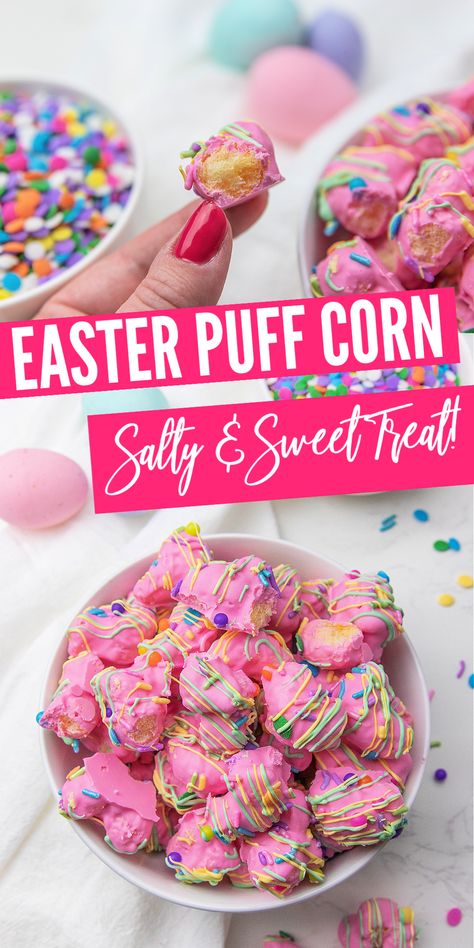 This Easter Puff Corn is SO delicious and cute! If you're looking for an easy Easter treat to make this year for friends, neighbors, and/or family, then give this recipe a try! Puffed Corn Recipes, Puff Corn, Easter Snack, Easter Drink, Salty Sweet Snacks, Easy Easter Treats, Easter Snacks, Halloween Treats For Kids, Easter Desserts Recipes