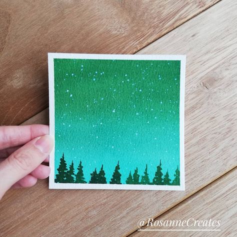 I thought I needed a little green on my feed 😉 so here's to green night skies! . . This 10x10cm original painting is available in my Etsy… Polaroid Art, Night Sky Painting, Watercolor Sky, Painting Green, Watercolor Galaxy, Galaxy Painting, Cat Air, Sky Painting, Small Canvas Art