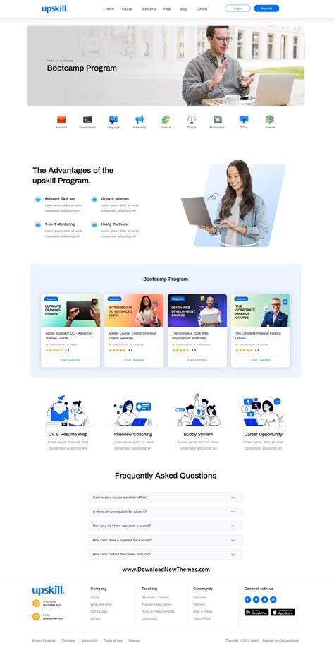 Upskill - Online Course Elementor Pro Template Kit is a clean, elegant and modern design responsive premium elementor template kit for online courses, distance learning, skill development, education, webinars, academic courses and any form of digital educations professional website. It comes with beautiful homepage layouts, 10+ pre-designed inner pages and tons of amazing features to download now & live preview click on image 🡵 Bootcamp Page Elementor Pro Template Kit 3d Website Design Layout, Courses Page Web Design, Website Features Page Design, Website Design Course, Website For Courses, Online Course Landing Page Design, Course Website Design Inspiration, Webinar Website Design, Lms Website Design