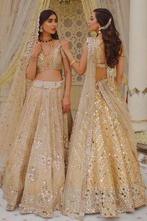 Buy Abhinav Mishra Gold Net Mirror Work Lehenga Set Online | Aza Fashions Abhinav Mishra, Mirror Work Dress, Indian Bridesmaid Dresses, Mirror Work Lehenga, Latest Bridal Lehenga, Half Saree Lehenga, Indian Bridal Photos, Lehenga Designs Simple, Lehenga Blouse Designs