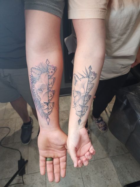 Matching Lion And Lioness Tattoos, Husband And Wife Lion Tattoos, Lions Family Tattoo, Lion Couple Tattoo, Couples Lion Tattoo, Lioness With Cubs, Lion And Lioness Tattoo, Lion Lioness, Kid Name Tattoo