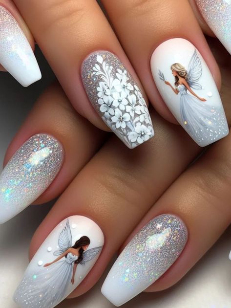 Acrylic With Gems, White Winter Nails, Nail Parlour, Angel Nails, Snowflake Patterns, Nails Silver, Romantic Nails, Pink Ombre Nails, 2024 Nails